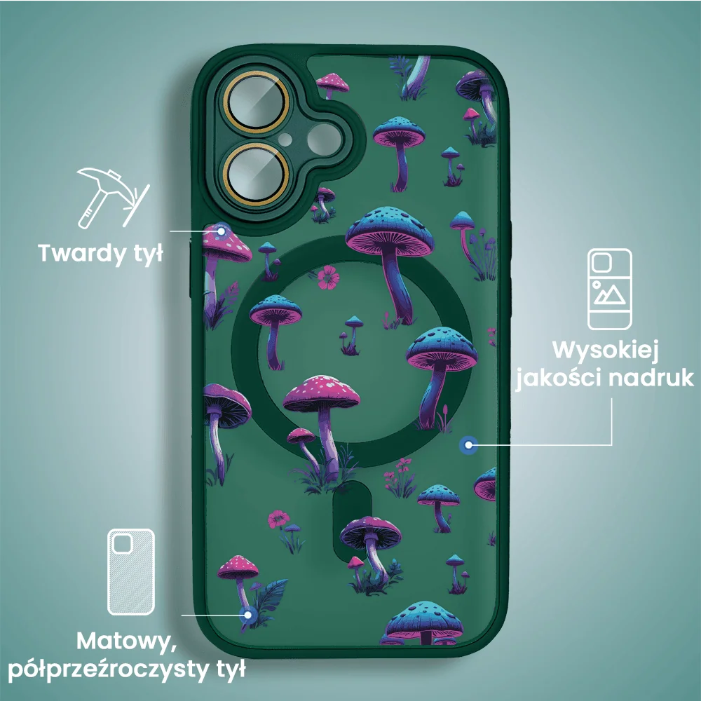 Etui do iPhone 16 Plus Color Flush z Magsafe, z osłoną aparatu, z nadrukiem magiczne grzybki, zielone