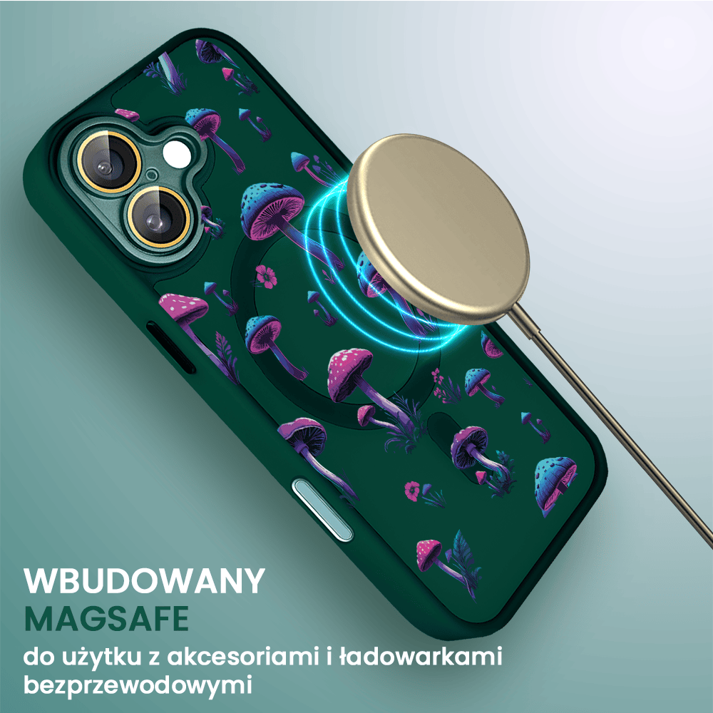Etui do iPhone 16 Plus Color Flush z Magsafe, z osłoną aparatu, z nadrukiem magiczne grzybki, zielone