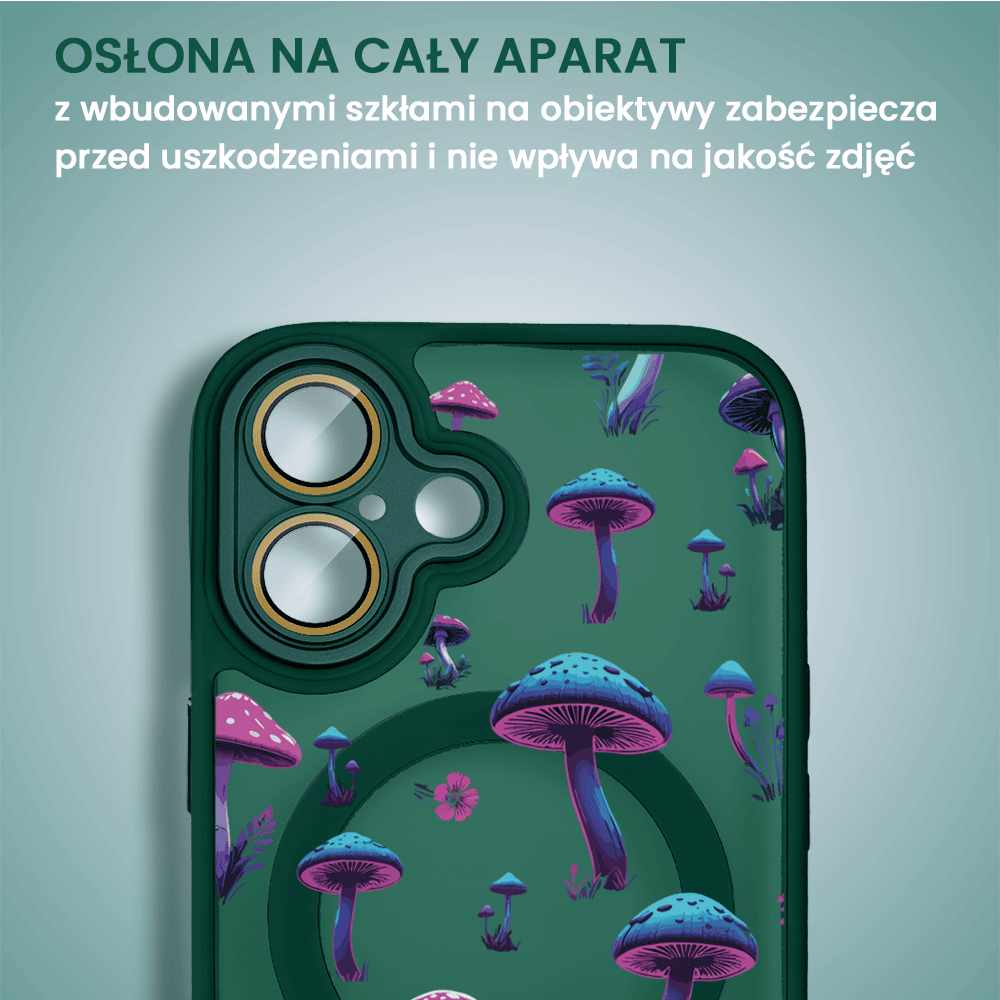 Etui do iPhone 16 Plus Color Flush z Magsafe, z osłoną aparatu, z nadrukiem magiczne grzybki, zielone
