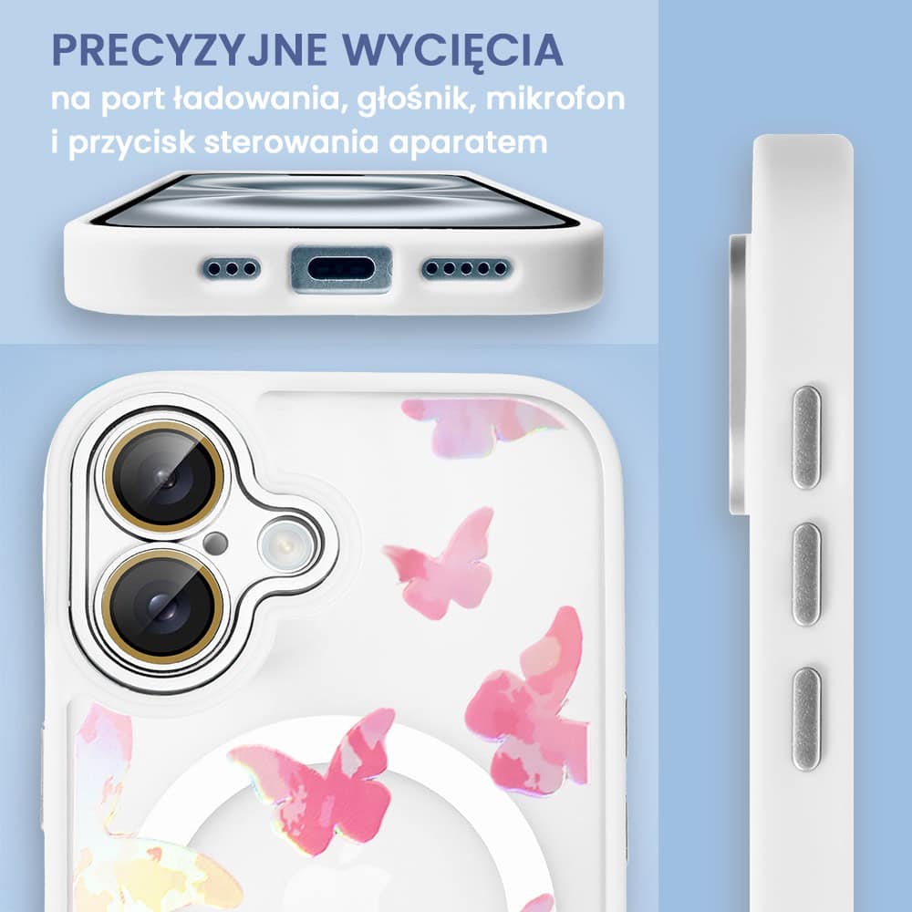 Etui do iPhone 16 Plus Color Flush z Magsafe, z osłoną aparatu, z opalizującym nadrukiem motylki, białe