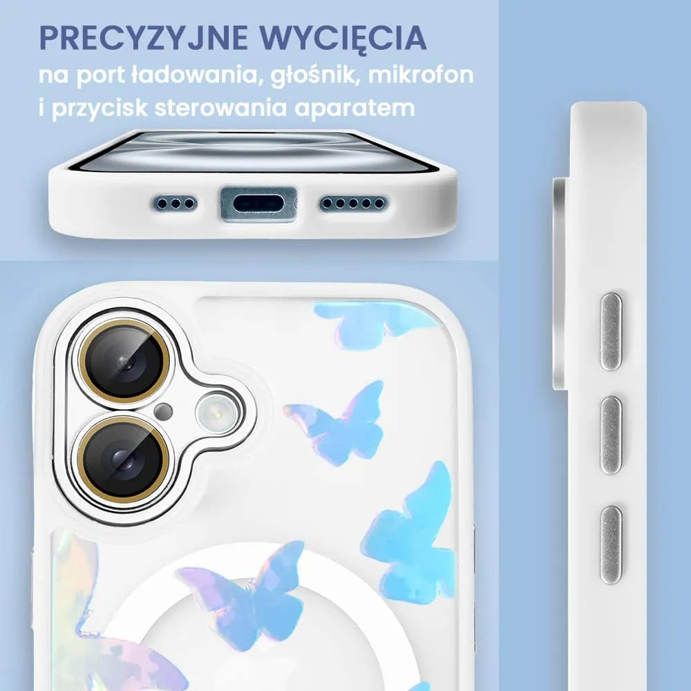 Etui do iPhone 16 Color Flush z Magsafe, z osłoną aparatu, z opalizującym nadrukiem motylki, białe