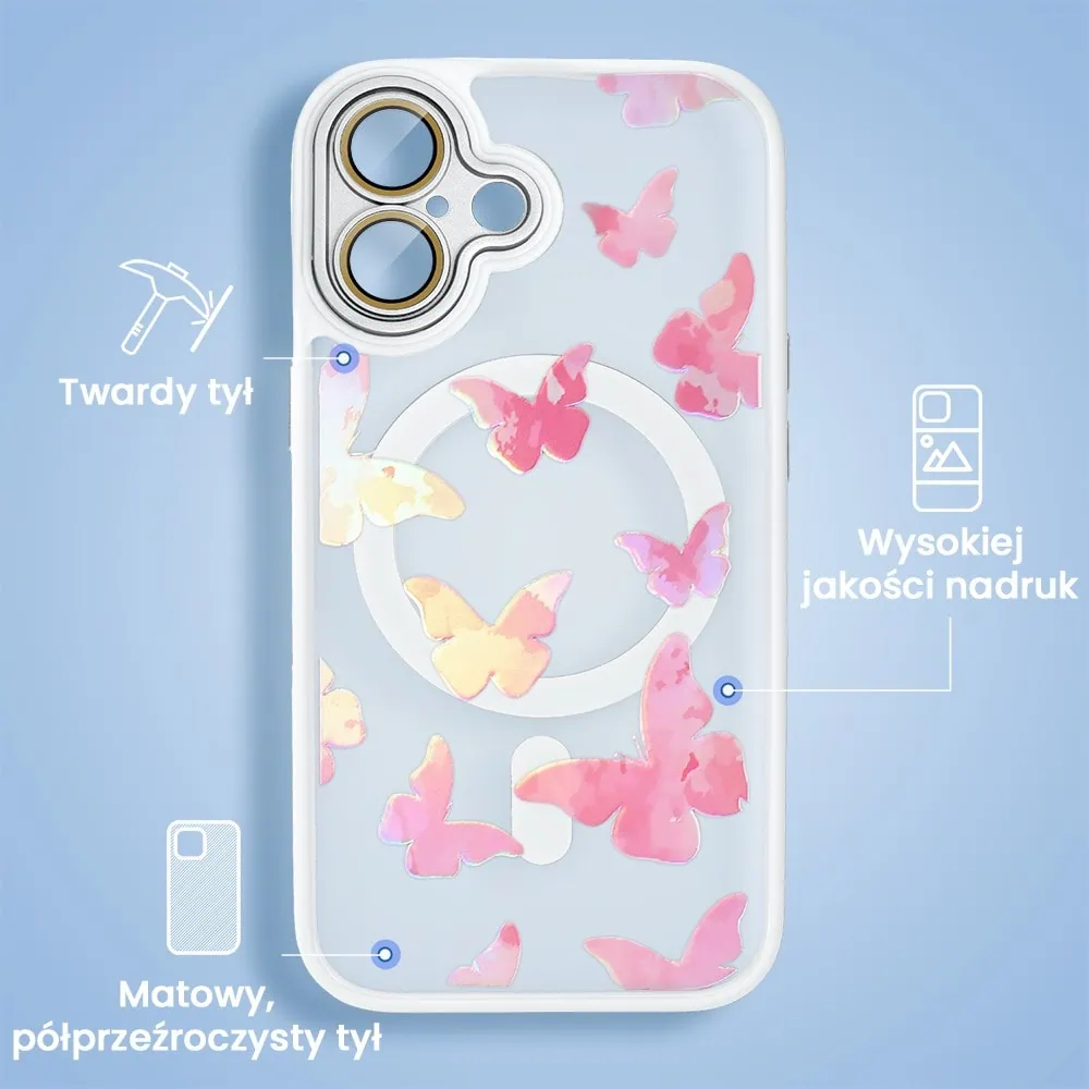 Etui do iPhone 16 Plus Color Flush z Magsafe, z osłoną aparatu, z opalizującym nadrukiem motylki, białe