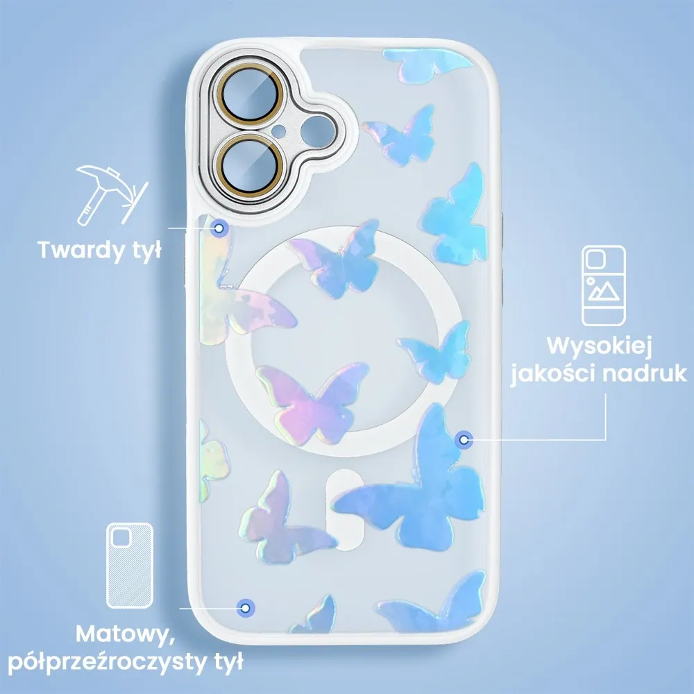 Etui do iPhone 16 Color Flush z Magsafe, z osłoną aparatu, z opalizującym nadrukiem motylki, białe