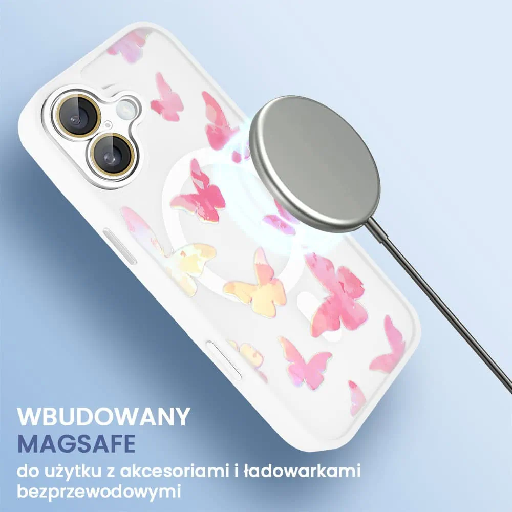Etui do iPhone 16 Plus Color Flush z Magsafe, z osłoną aparatu, z opalizującym nadrukiem motylki, białe
