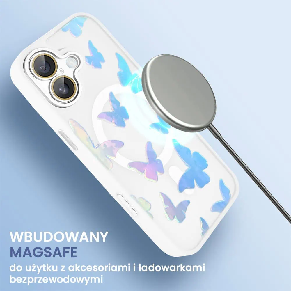 Etui do iPhone 16 Color Flush z Magsafe, z osłoną aparatu, z opalizującym nadrukiem motylki, białe