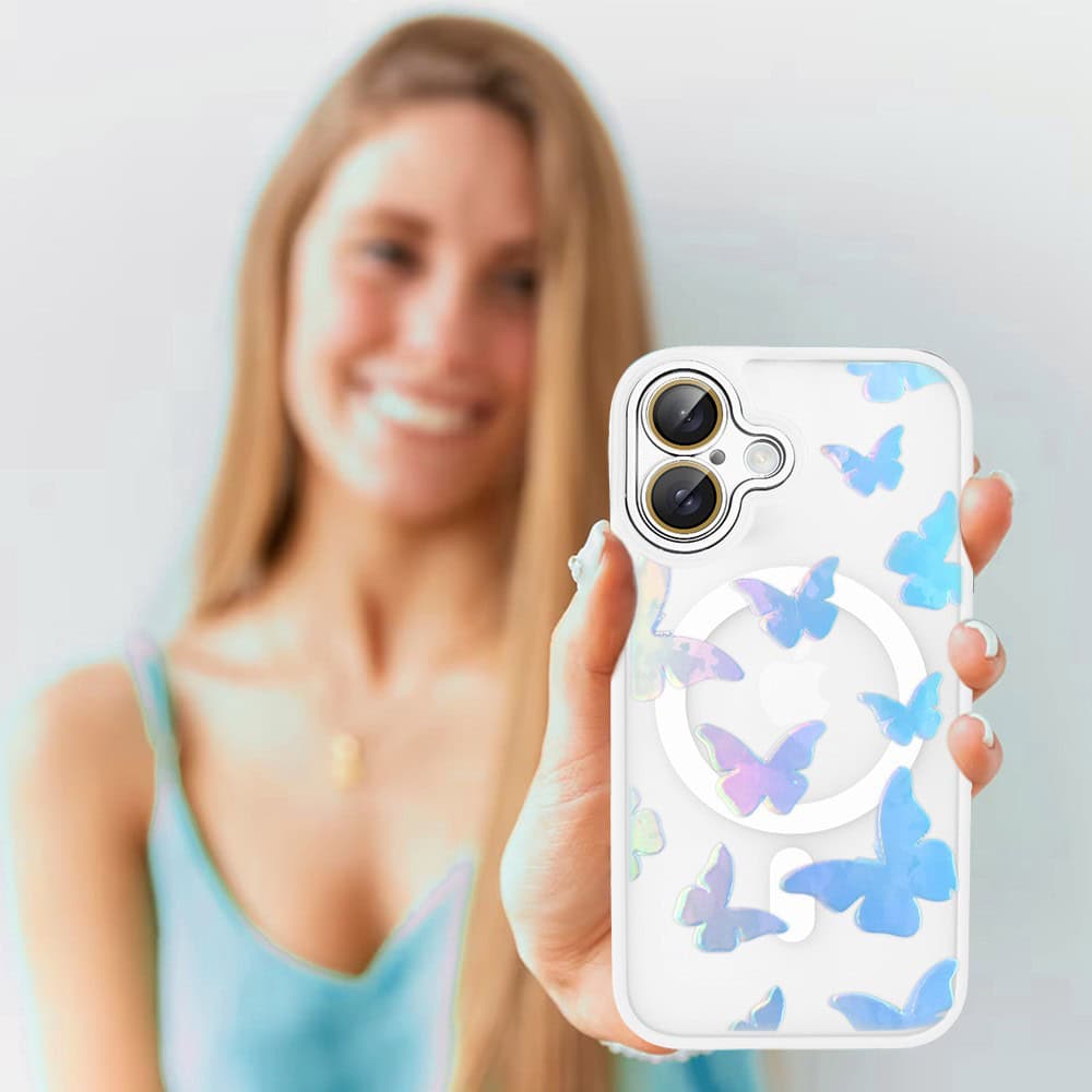 Etui do iPhone 16 Color Flush z Magsafe, z osłoną aparatu, z opalizującym nadrukiem motylki, białe