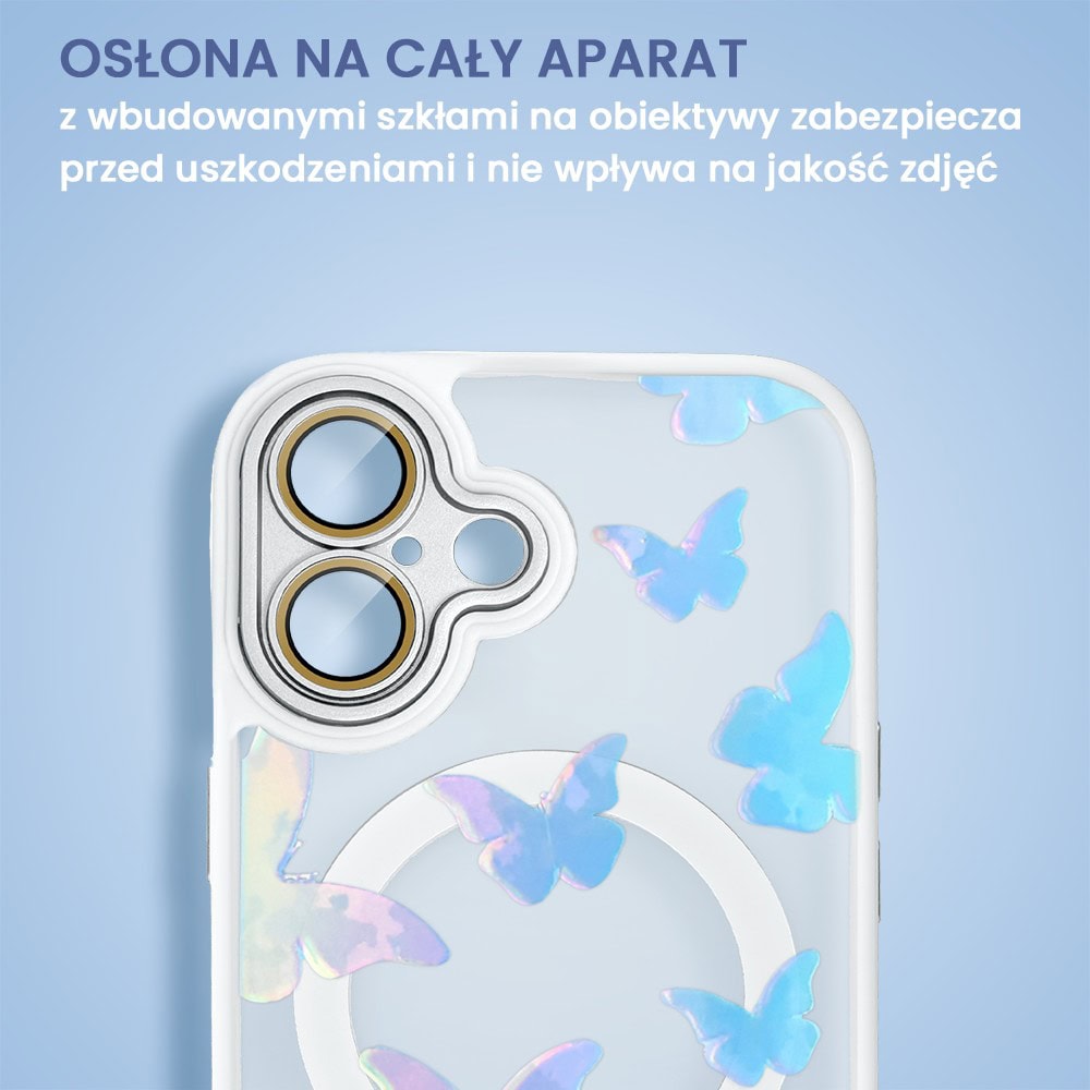 Etui do iPhone 16 Color Flush z Magsafe, z osłoną aparatu, z opalizującym nadrukiem motylki, białe
