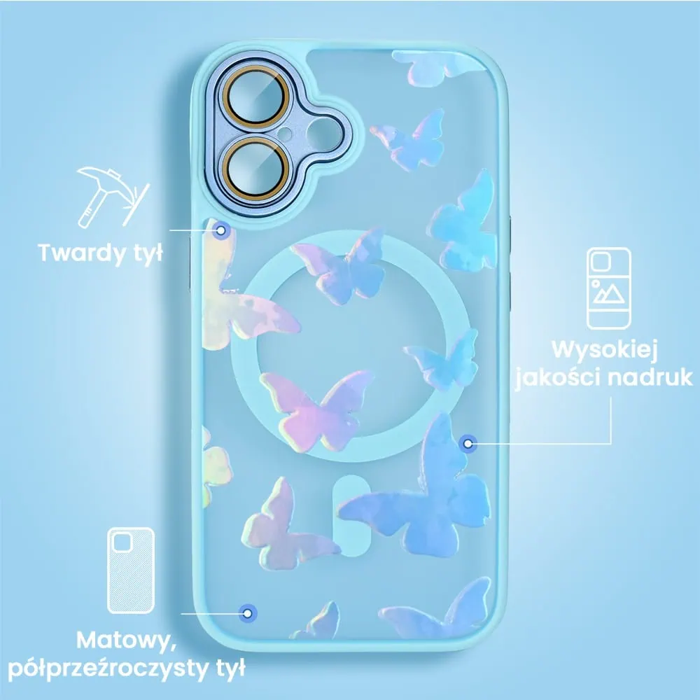 Etui do iPhone 16 Plus Color Flush z Magsafe, z osłoną aparatu, z opalizującym nadrukiem motylki, niebieskie