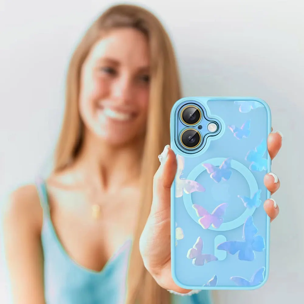 Etui do iPhone 16 Plus Color Flush z Magsafe, z osłoną aparatu, z opalizującym nadrukiem motylki, niebieskie