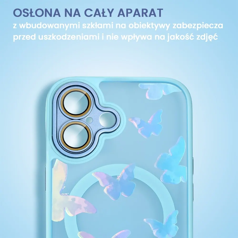 Etui do iPhone 16 Plus Color Flush z Magsafe, z osłoną aparatu, z opalizującym nadrukiem motylki, niebieskie