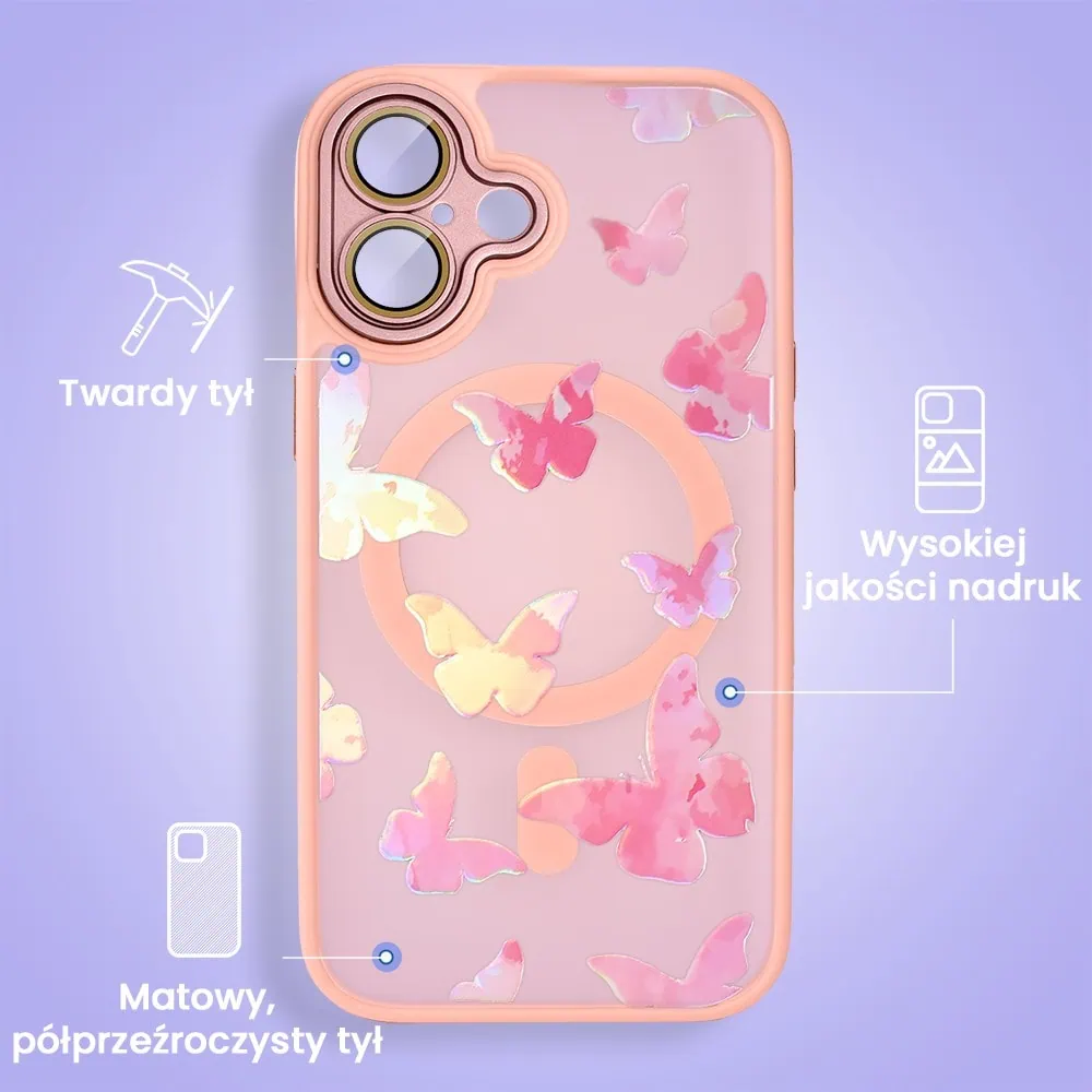 Etui do iPhone 16 Color Flush z Magsafe, z osłoną aparatu, z opalizującym nadrukiem motylki, różowe