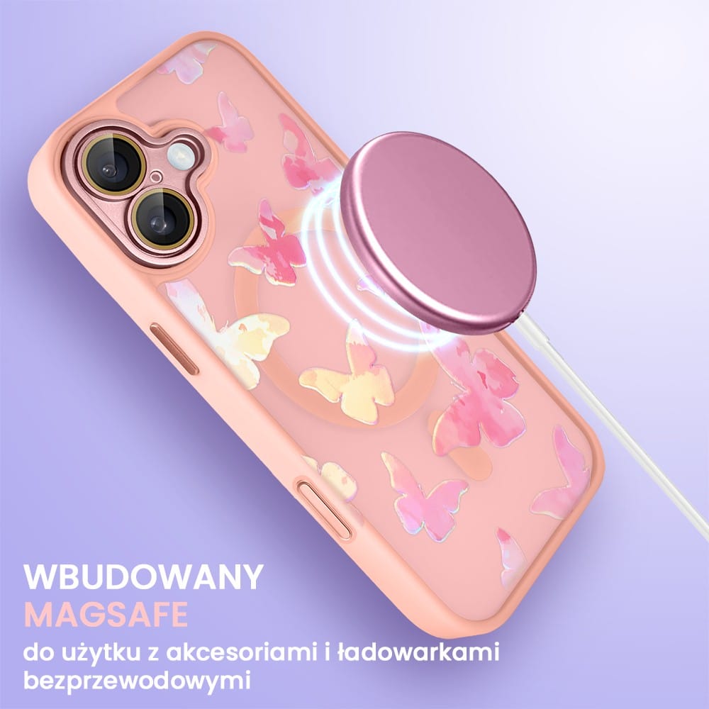 Etui do iPhone 16 Color Flush z Magsafe, z osłoną aparatu, z opalizującym nadrukiem motylki, różowe