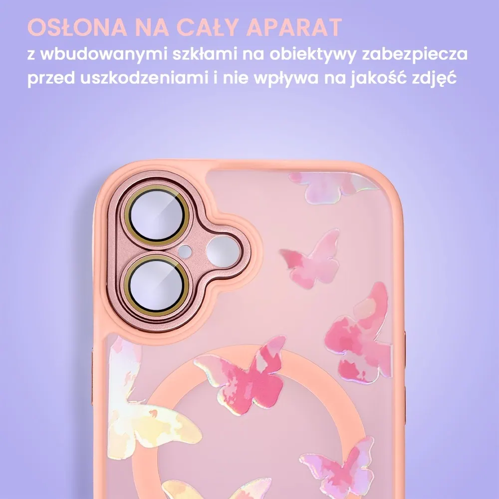 Etui do iPhone 16 Color Flush z Magsafe, z osłoną aparatu, z opalizującym nadrukiem motylki, różowe