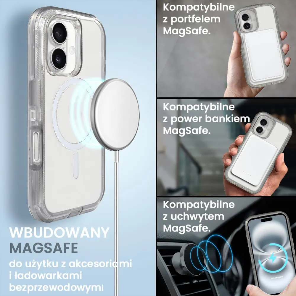 Etui do iPhone 16 Crystal Armor Magsafe, Anti-Drop pancerne 3w1, szary szafir