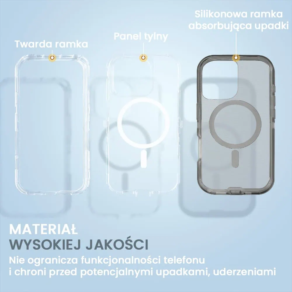Etui do iPhone 16 Crystal Armor Magsafe, Anti-Drop pancerne 3w1, szary szafir