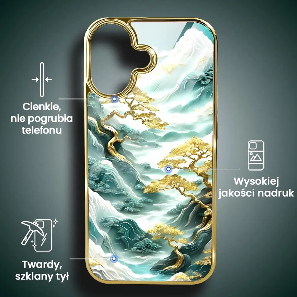 Etui do iPhone 16, Elite Glass z MagSafe, szklany tył, złote drzewa w stylu japońskim, złote