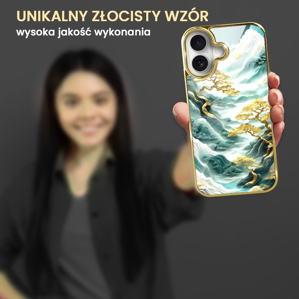 Etui do iPhone 16, Elite Glass z MagSafe, szklany tył, złote drzewa w stylu japońskim, złote