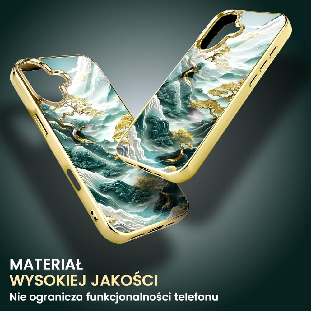 Etui do iPhone 16, Elite Glass z MagSafe, szklany tył, złote drzewa w stylu japońskim, złote