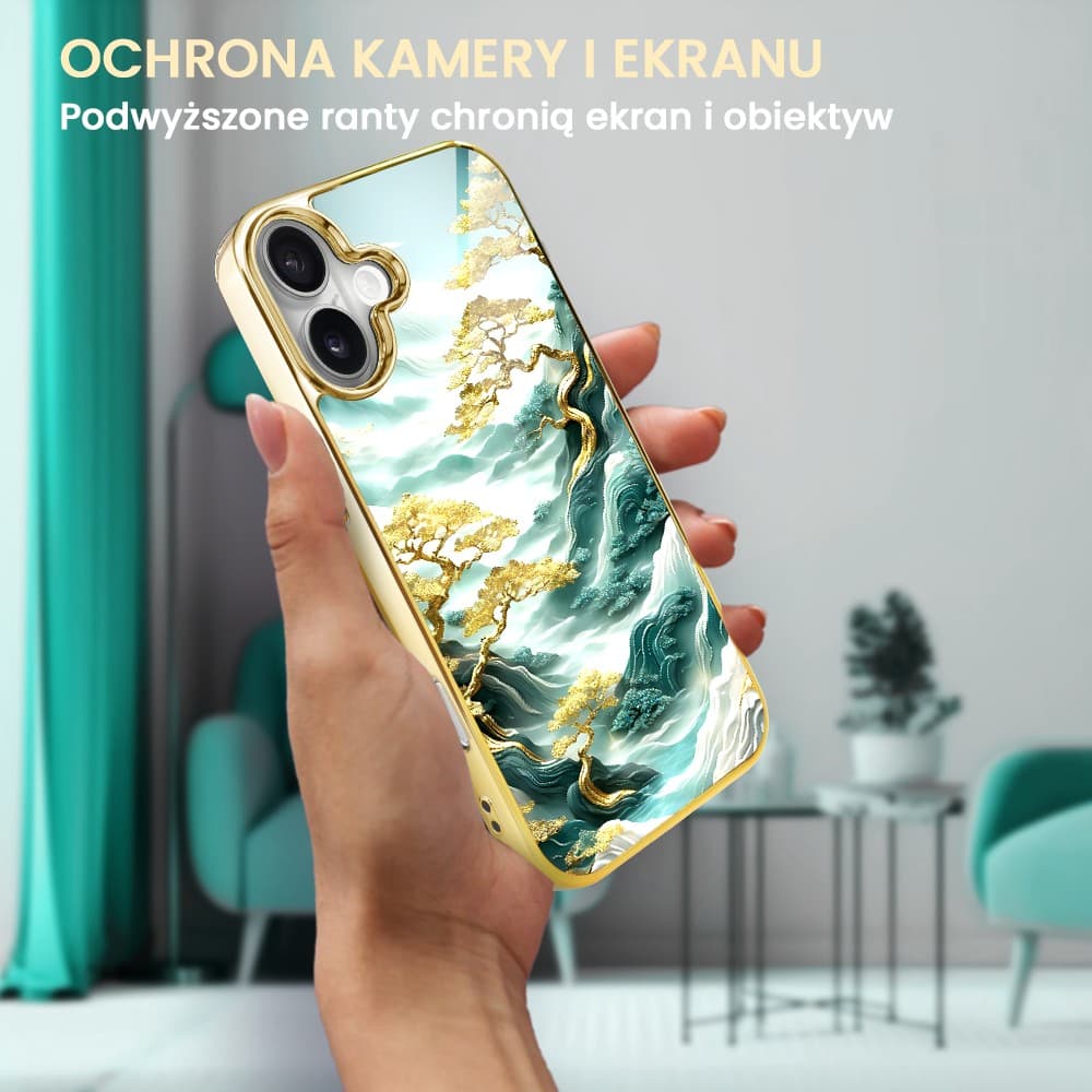 Etui do iPhone 16, Elite Glass z MagSafe, szklany tył, złote drzewa w stylu japońskim, złote