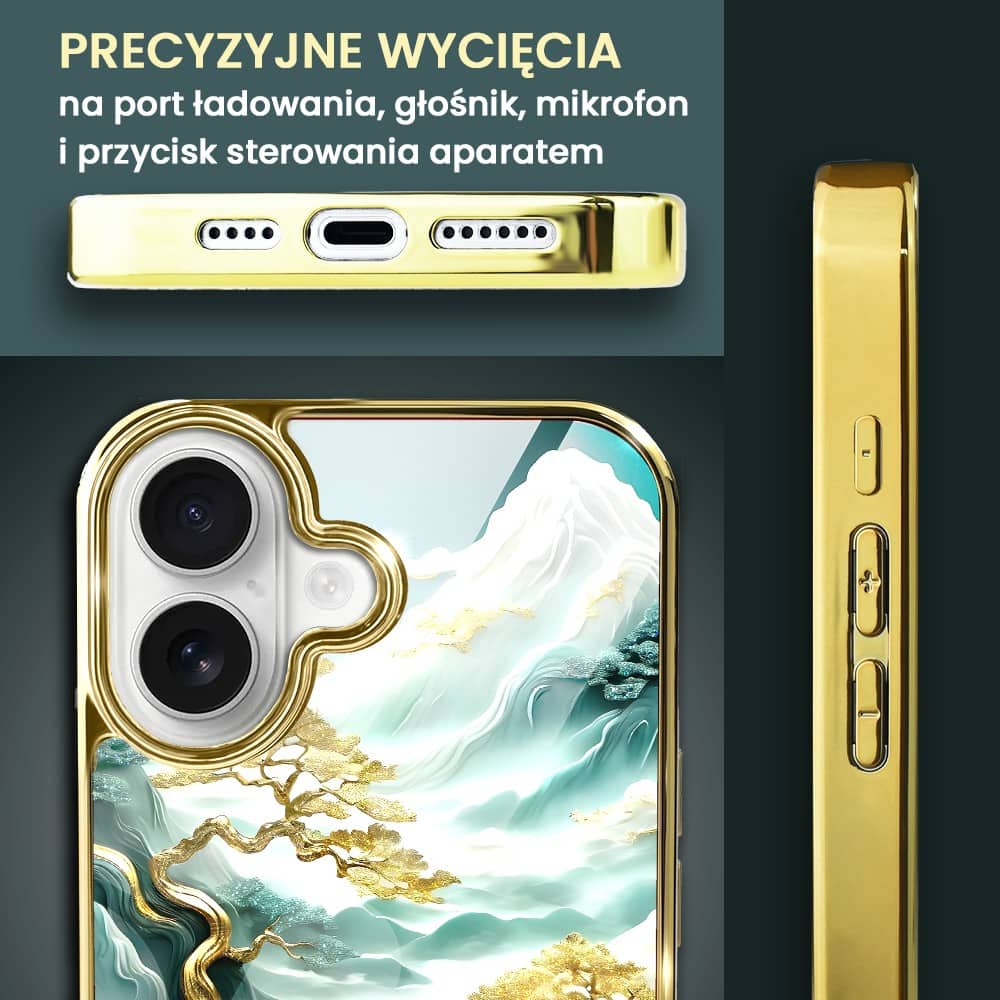Etui do iPhone 16, Elite Glass z MagSafe, szklany tył, złote drzewa w stylu japońskim, złote