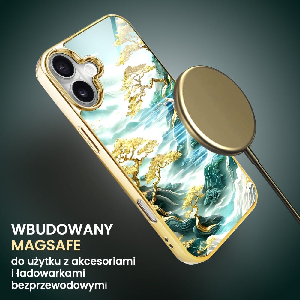 Etui do iPhone 16, Elite Glass z MagSafe, szklany tył, złote drzewa w stylu japońskim, złote