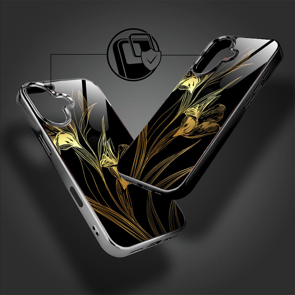 Etui do iPhone 16, Elite Glass z MagSafe, szklany tył, Golden Midnight, Królewskie irysy, czarne