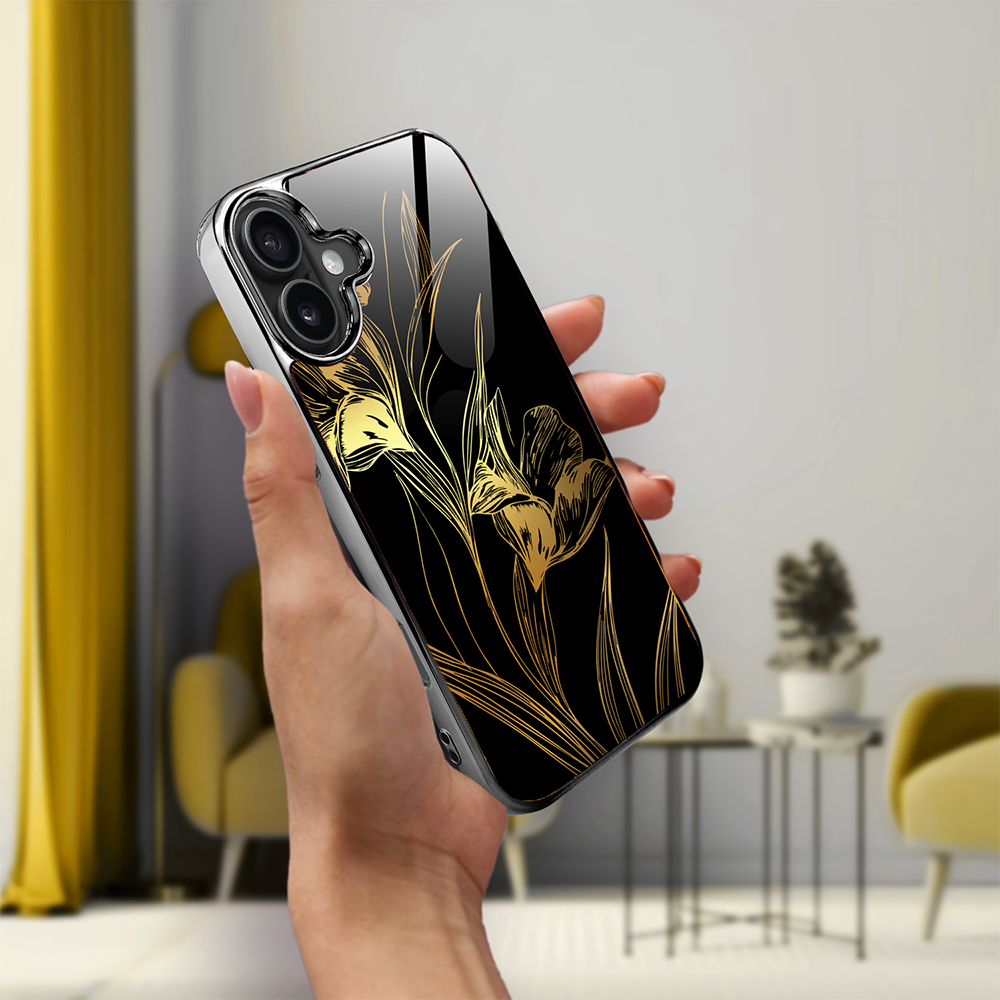 Etui do iPhone 16, Elite Glass z MagSafe, szklany tył, Golden Midnight, Królewskie irysy, czarne