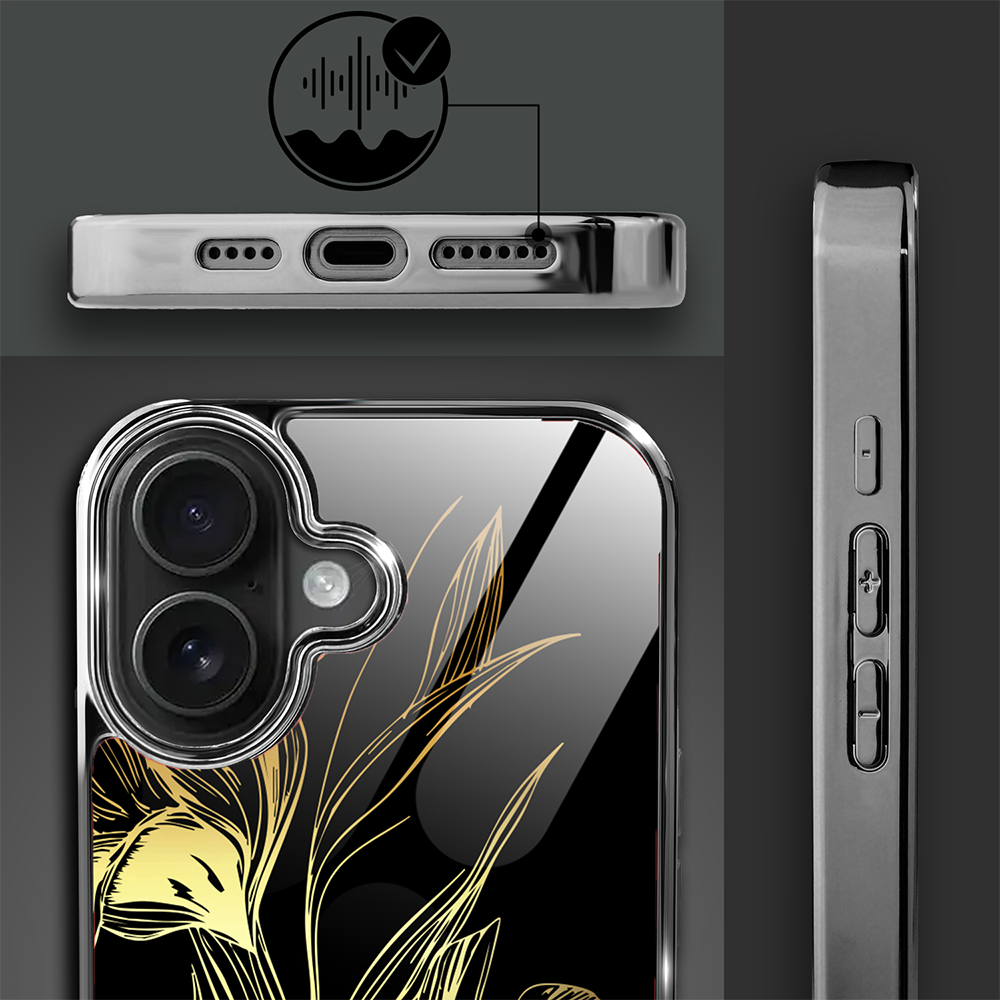 Etui do iPhone 16, Elite Glass z MagSafe, szklany tył, Golden Midnight, Królewskie irysy, czarne