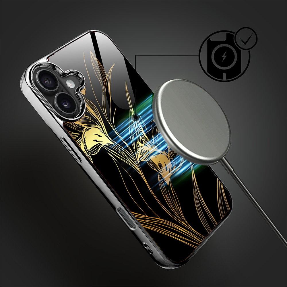 Etui do iPhone 16, Elite Glass z MagSafe, szklany tył, Golden Midnight, Królewskie irysy, czarne