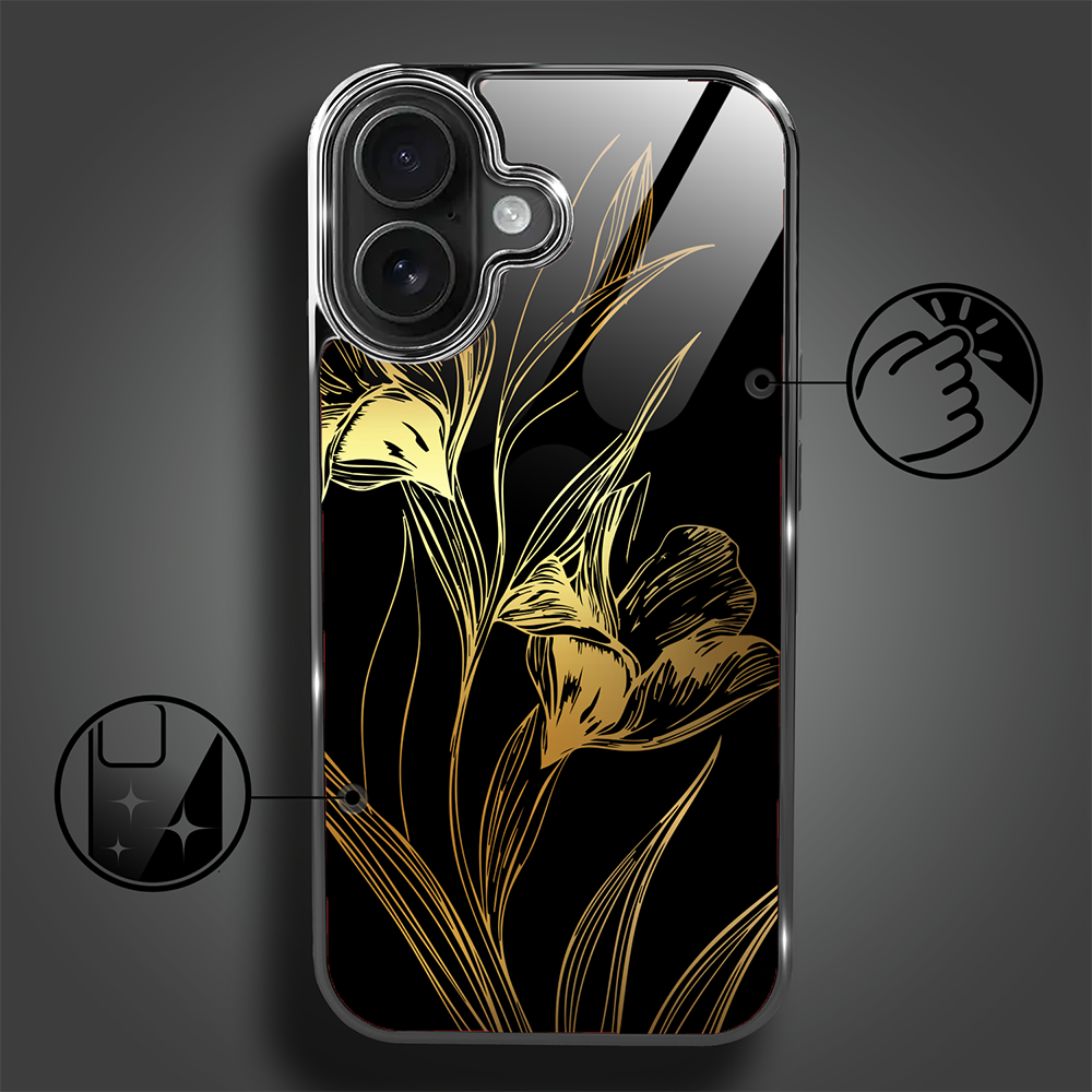 Etui do iPhone 16, Elite Glass z MagSafe, szklany tył, Golden Midnight, Królewskie irysy, czarne