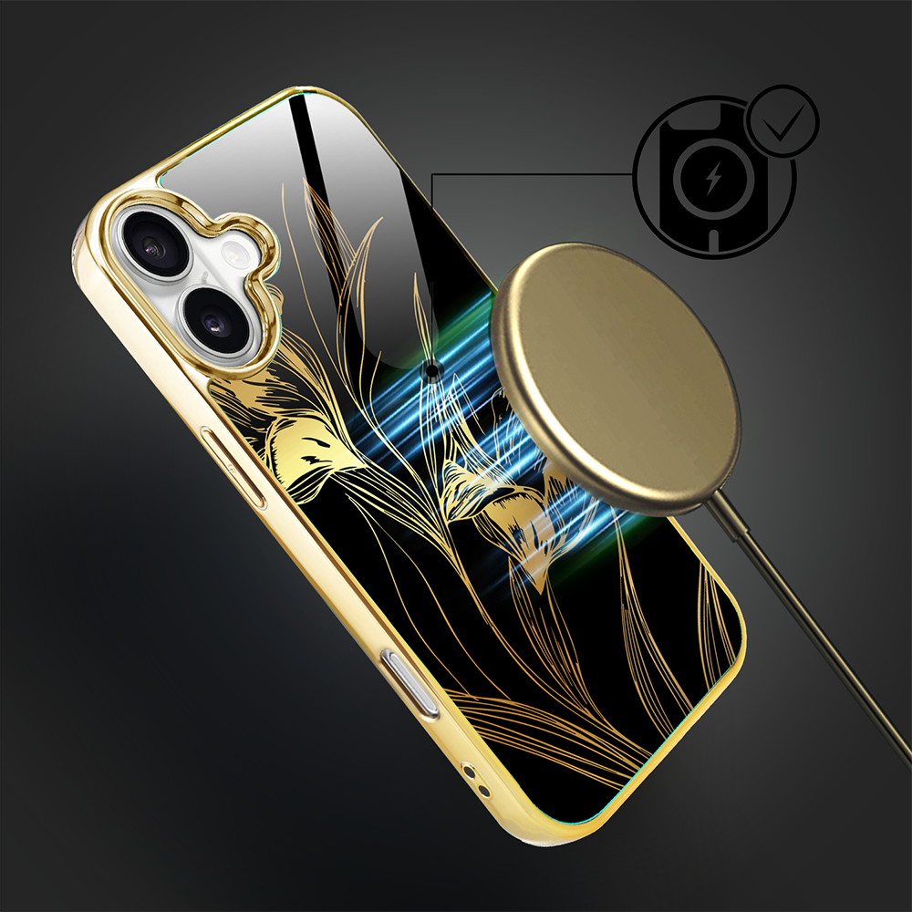 Etui do iPhone 16, Elite Glass z MagSafe, szklany tył, Golden Midnight, Królewskie irysy, złote