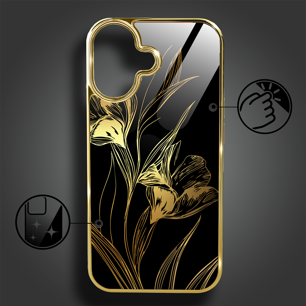 Etui do iPhone 16, Elite Glass z MagSafe, szklany tył, Golden Midnight, Królewskie irysy, złote