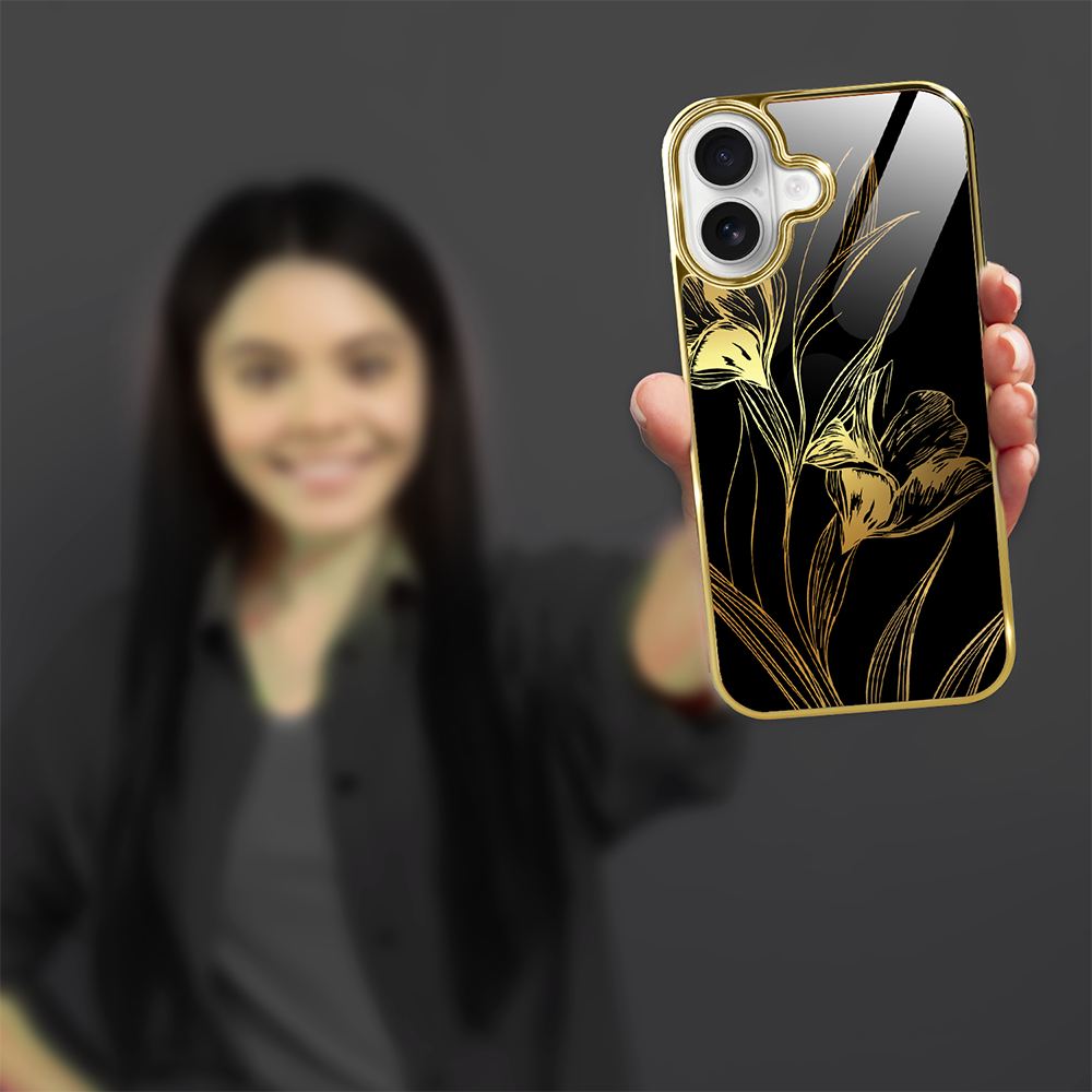 Etui do iPhone 16, Elite Glass z MagSafe, szklany tył, Golden Midnight, Królewskie irysy, złote