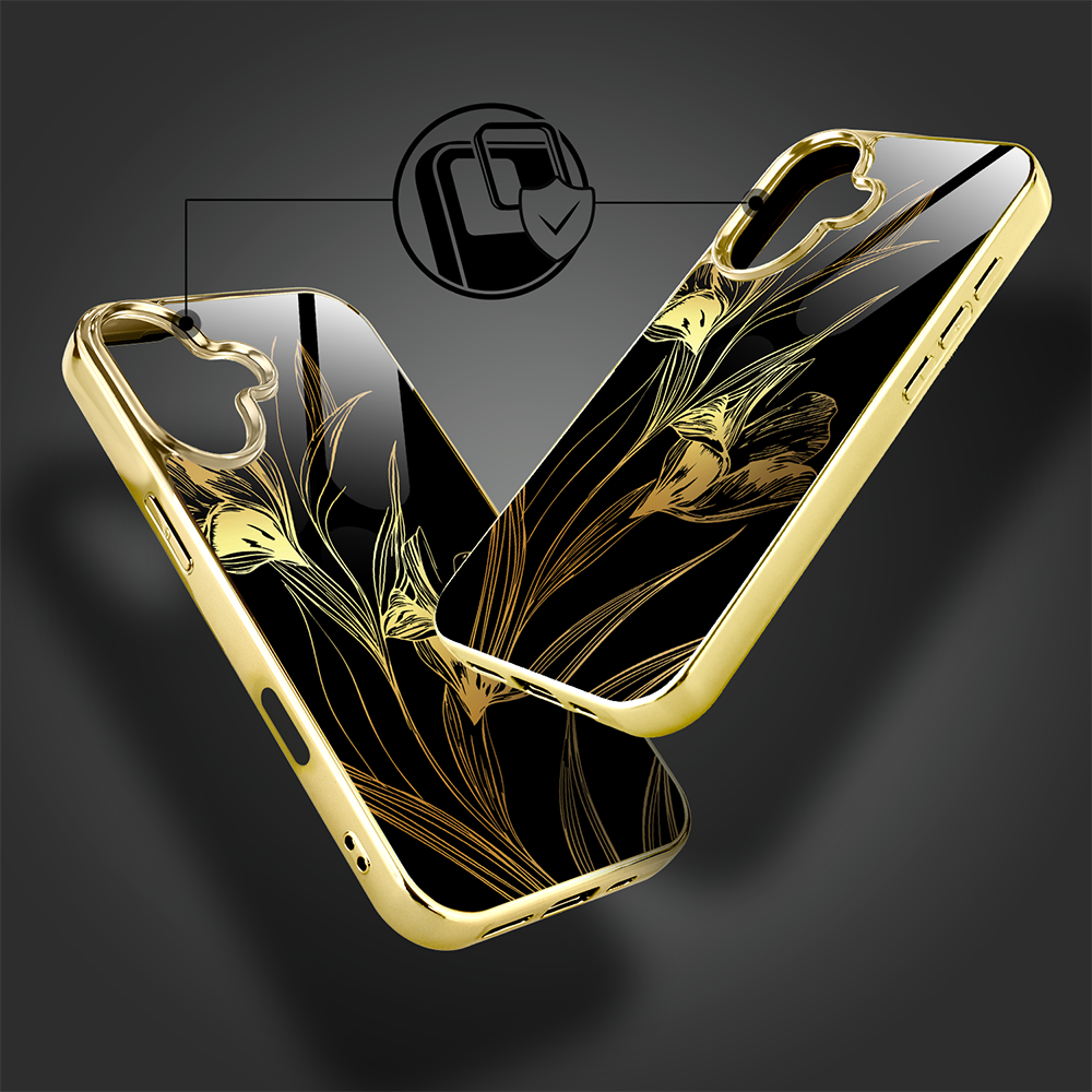 Etui do iPhone 16, Elite Glass z MagSafe, szklany tył, Golden Midnight, Królewskie irysy, złote