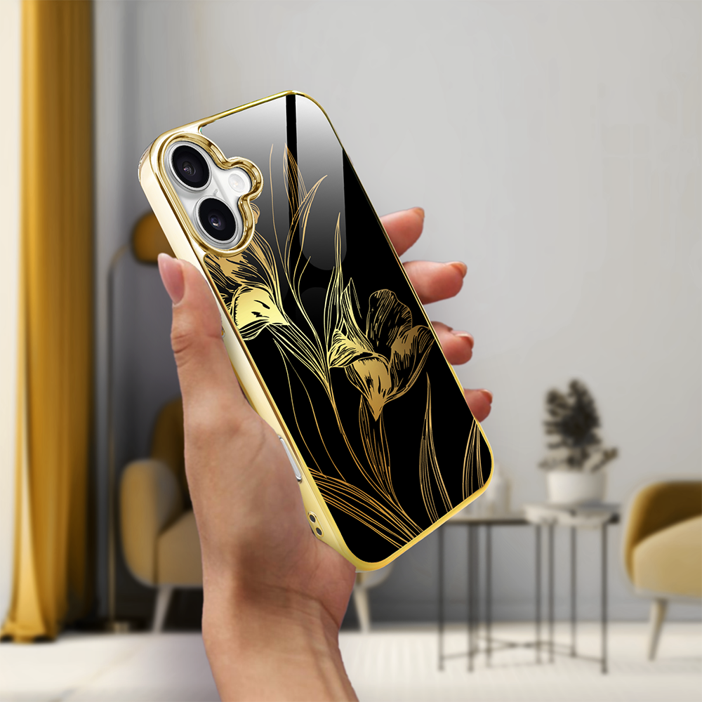 Etui do iPhone 16, Elite Glass z MagSafe, szklany tył, Golden Midnight, Królewskie irysy, złote