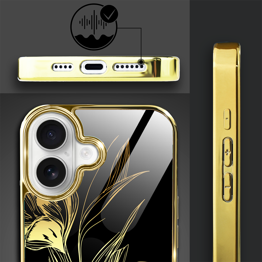 Etui do iPhone 16, Elite Glass z MagSafe, szklany tył, Golden Midnight, Królewskie irysy, złote