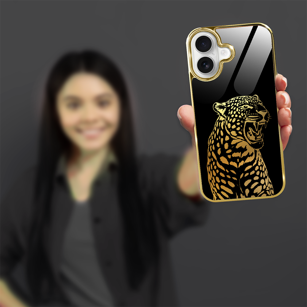 Etui do iPhone 16, Elite Glass z MagSafe, szklany tył, Golden Midnight, Ryczący Jaguar, złote
