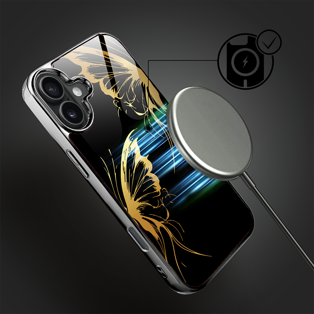 Etui do iPhone 16, Elite Glass z MagSafe, szklany tył, Golden Midnight, Skrzydła motyla, czarne