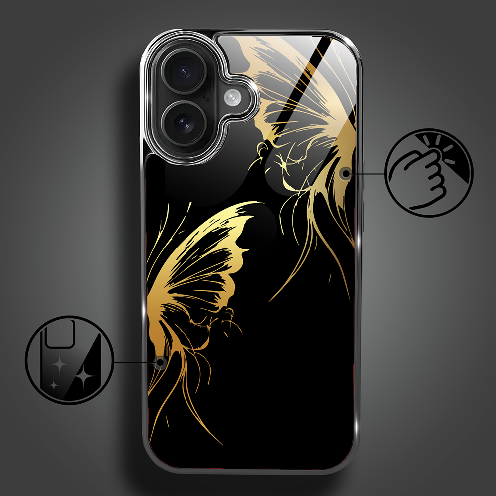 Etui do iPhone 16, Elite Glass z MagSafe, szklany tył, Golden Midnight, Skrzydła motyla, czarne