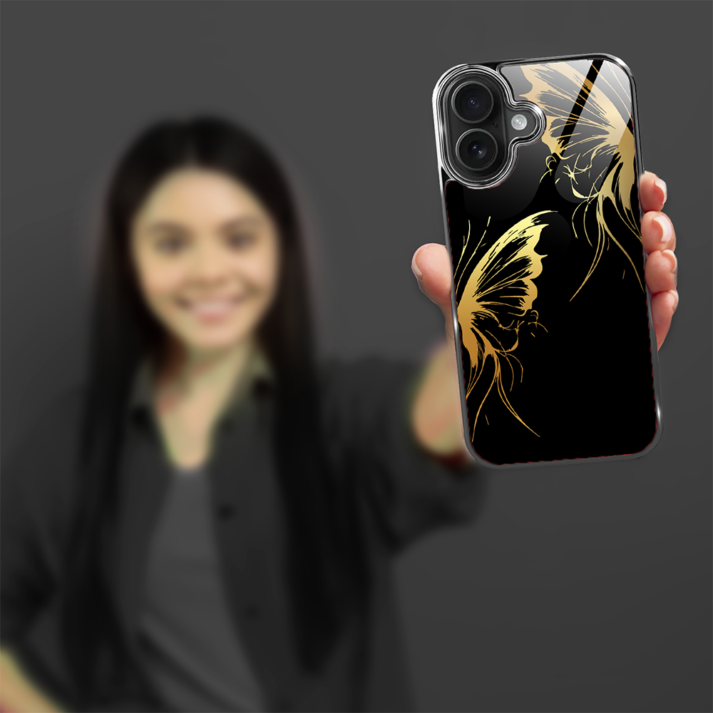 Etui do iPhone 16, Elite Glass z MagSafe, szklany tył, Golden Midnight, Skrzydła motyla, czarne