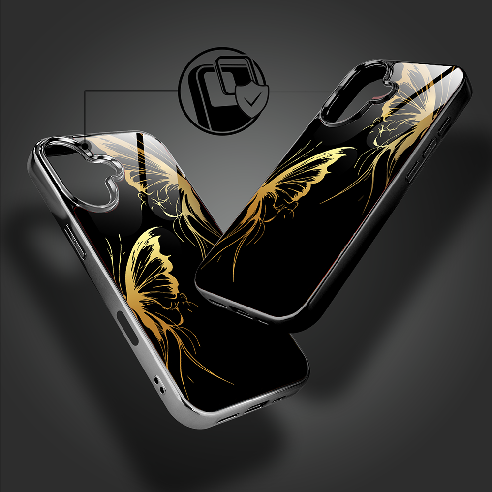 Etui do iPhone 16, Elite Glass z MagSafe, szklany tył, Golden Midnight, Skrzydła motyla, czarne