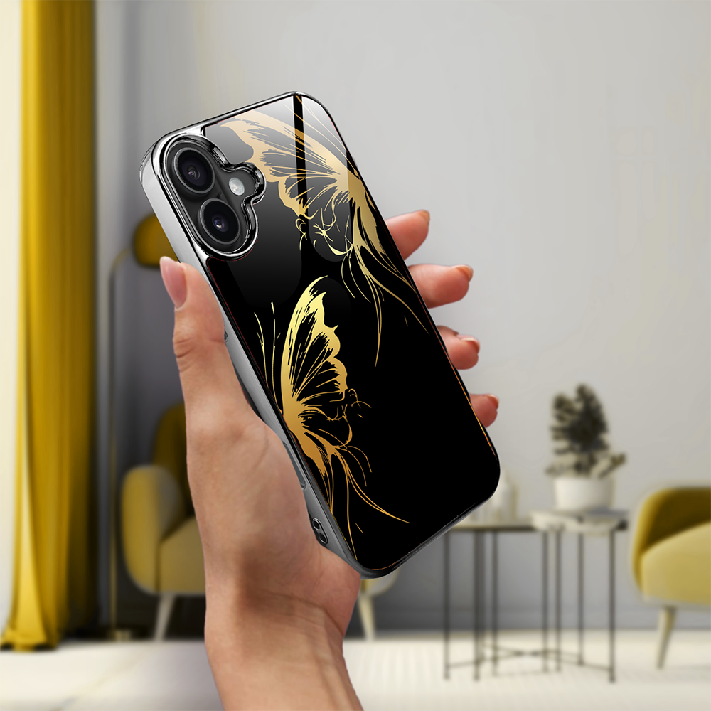 Etui do iPhone 16, Elite Glass z MagSafe, szklany tył, Golden Midnight, Skrzydła motyla, czarne