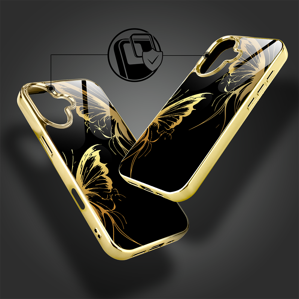 Etui do iPhone 16 Plus, Elite Glass z MagSafe, szklany tył, Golden Midnight, Skrzydła motyla, złote