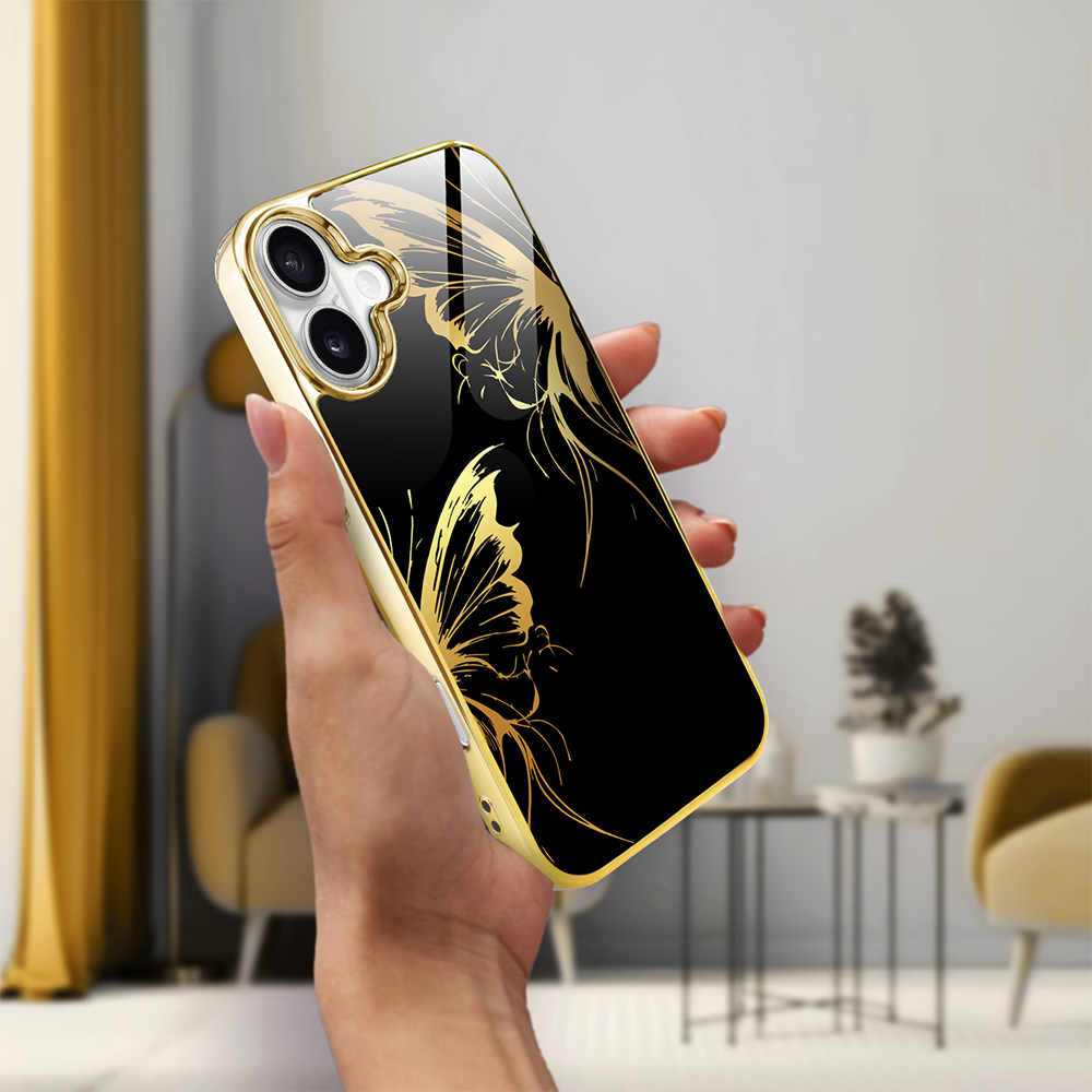 Etui do iPhone 16 Plus, Elite Glass z MagSafe, szklany tył, Golden Midnight, Skrzydła motyla, złote
