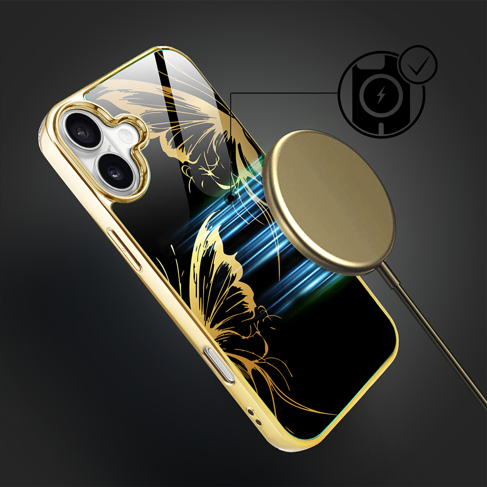 Etui do iPhone 16 Plus, Elite Glass z MagSafe, szklany tył, Golden Midnight, Skrzydła motyla, złote