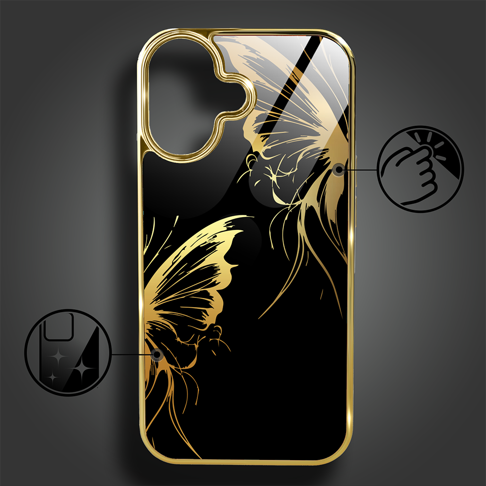 Etui do iPhone 16 Plus, Elite Glass z MagSafe, szklany tył, Golden Midnight, Skrzydła motyla, złote