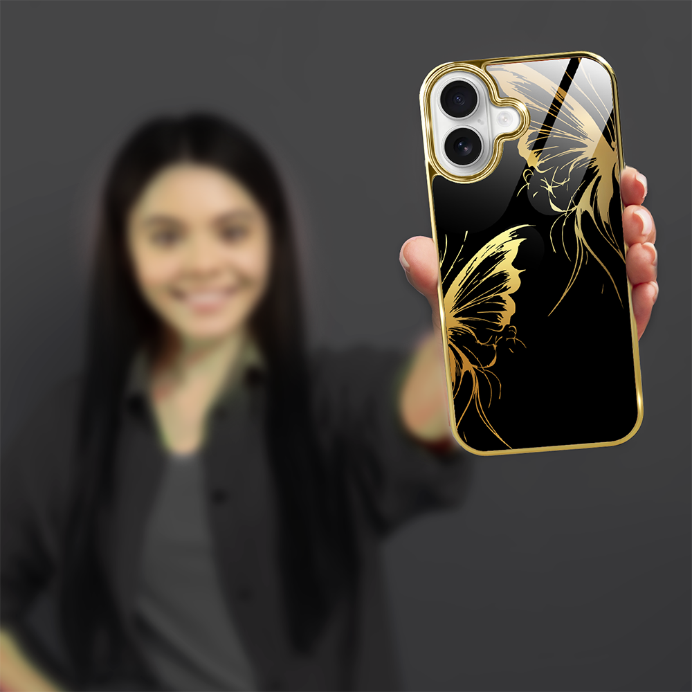 Etui do iPhone 16 Plus, Elite Glass z MagSafe, szklany tył, Golden Midnight, Skrzydła motyla, złote