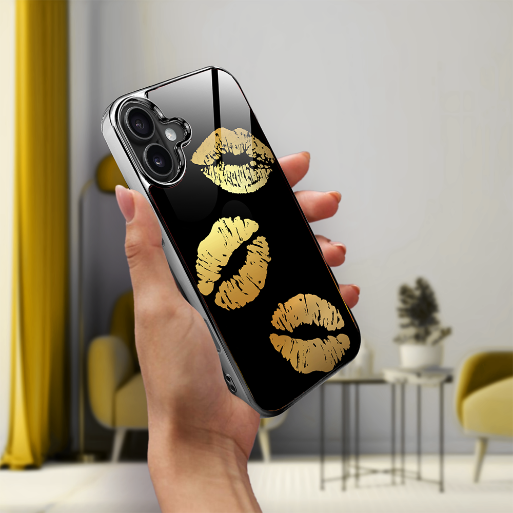 Etui do iPhone 16 Plus, Elite Glass z MagSafe, szklany tył, Golden Midnight, Usta, czarne