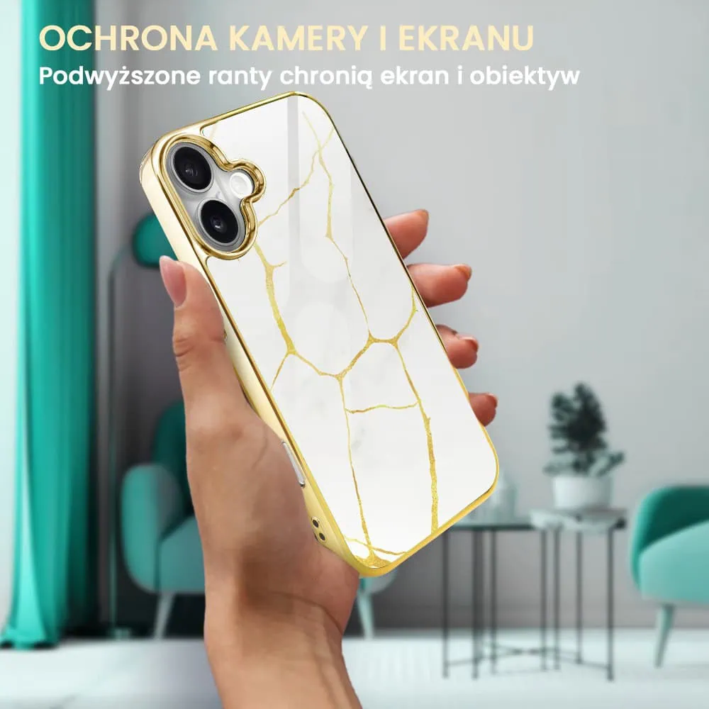 Etui do iPhone 16, Elite Glass z MagSafe, Kintsugi, biała porcelana, złote