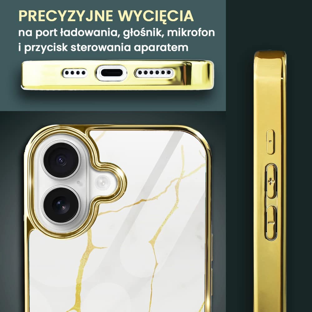 Etui do iPhone 16, Elite Glass z MagSafe, Kintsugi, biała porcelana, złote